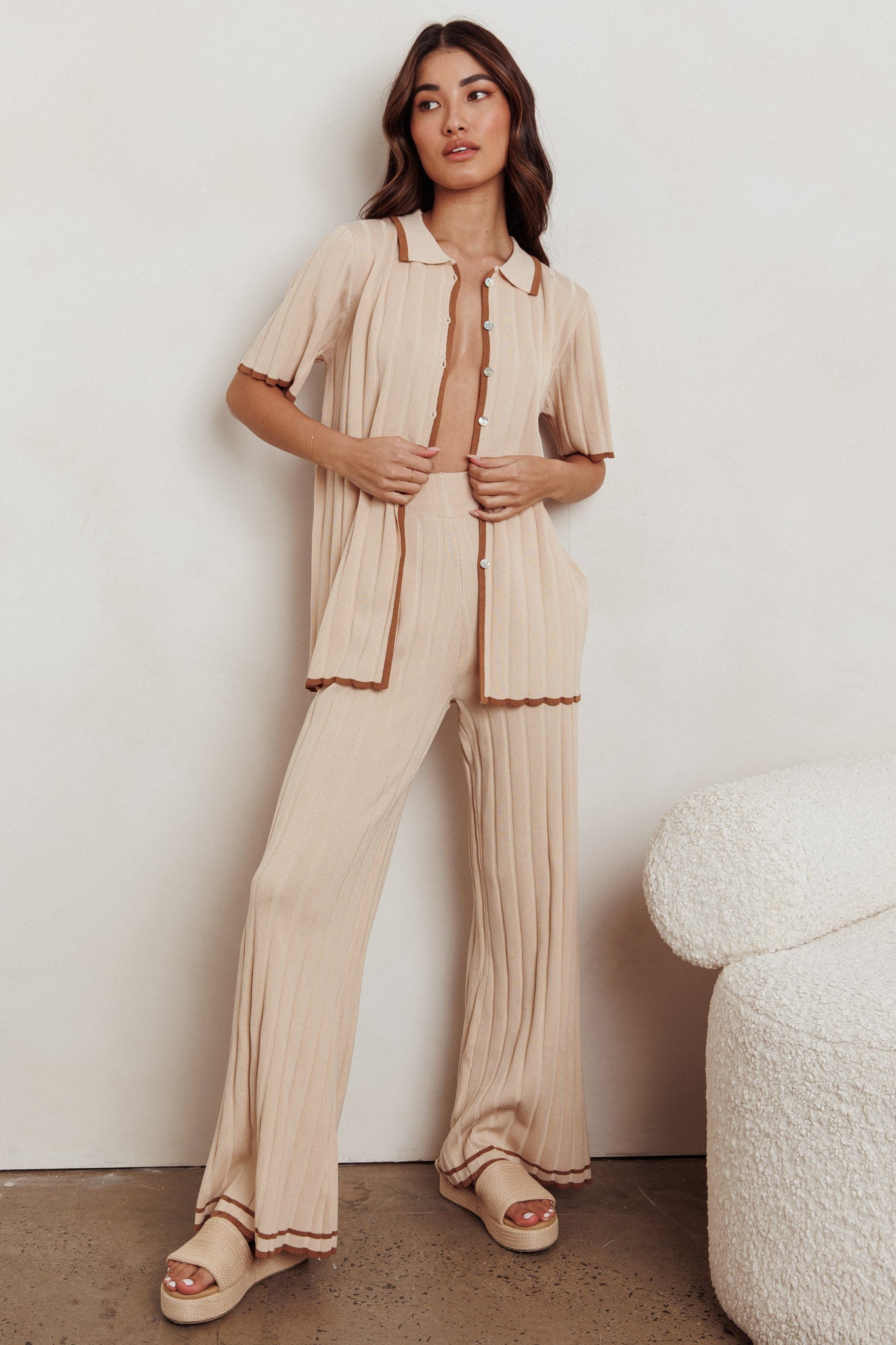Liloh Contrast Ribbed Wide Leg Pant Beige by Selfie Leslie