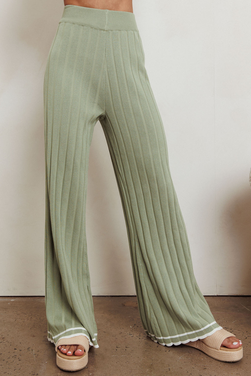 Liloh Contrast Ribbed Wide Leg Pant Sage by Selfie Leslie
