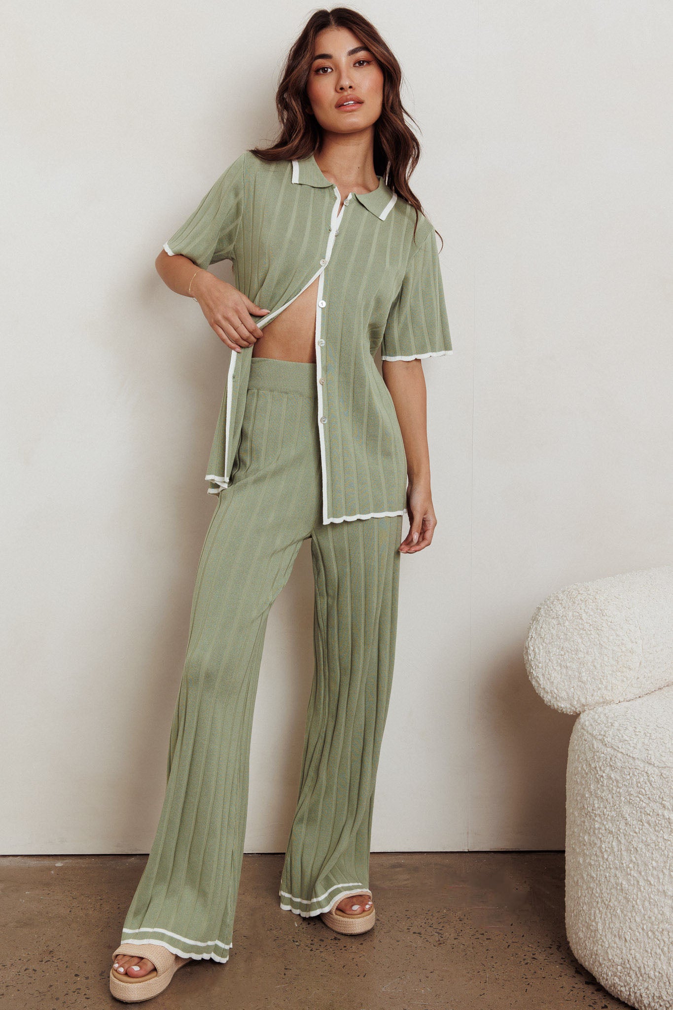 Liloh Contrast Ribbed Wide Leg Pant Sage by Selfie Leslie