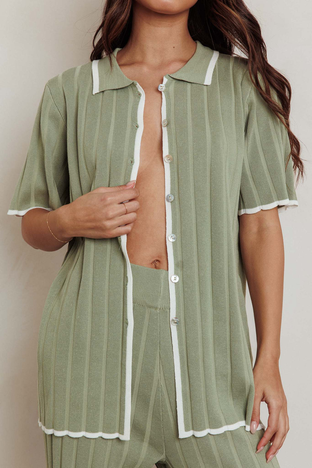 Liloh Ribbed Buttoned Shirt Sage by Selfie Leslie