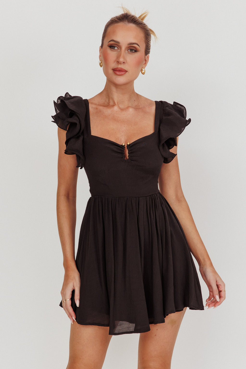 pearl ruffle strap mini dress black Marinna Halter Ruffle Mini Dress Black