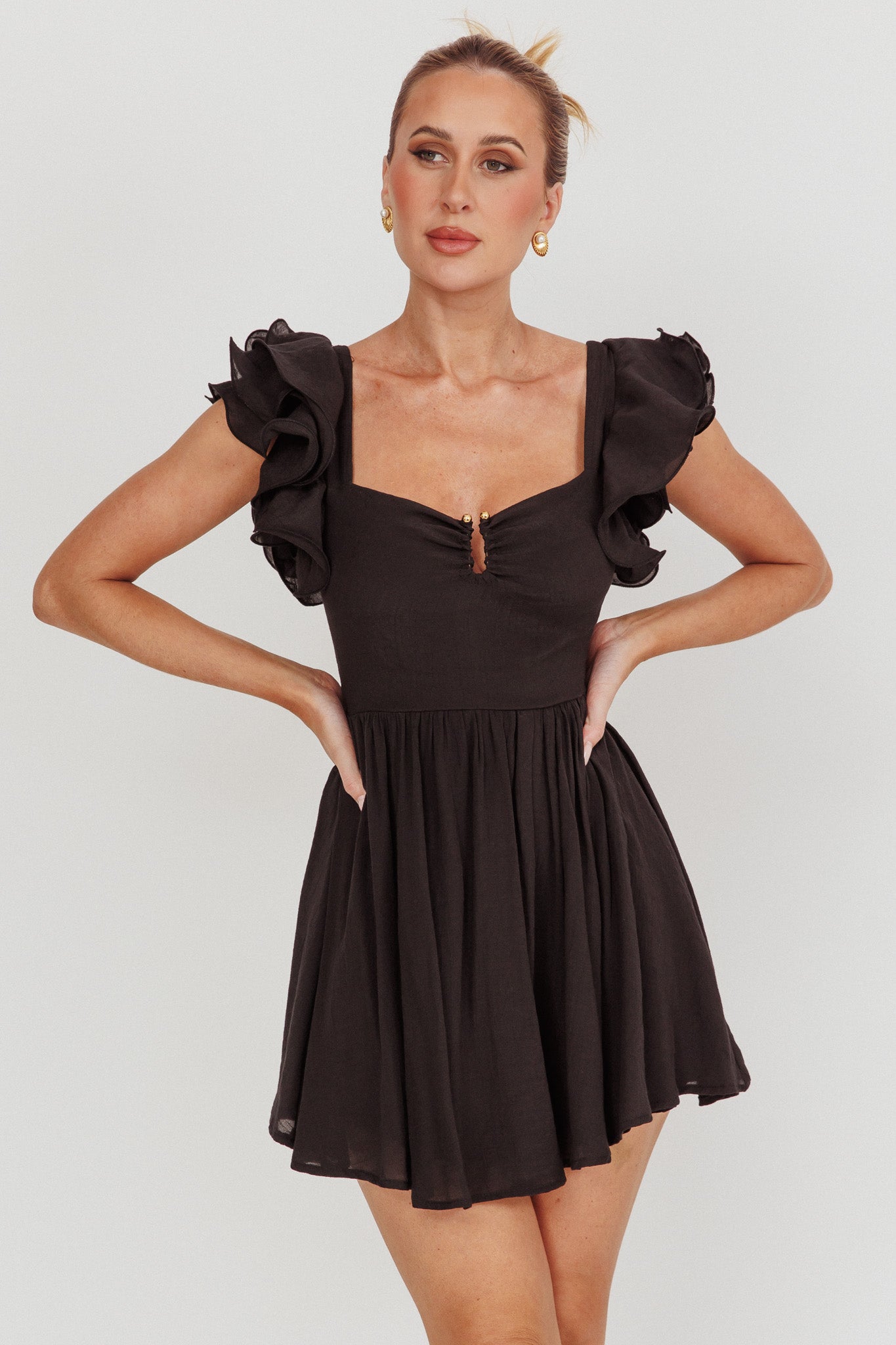 Sunday Dreams Ruffle Strap Mini Dress Black by Selfie Leslie