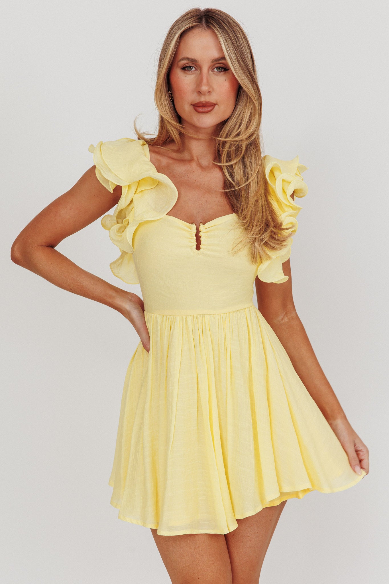 Shop the Sunday Dreams Ruffle Strap Mini Dress Yellow