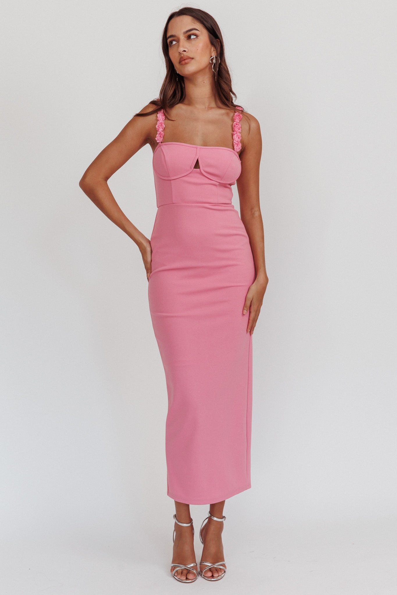 Marteen Rosette Strap Midi Dress Pink | Selfie Leslie