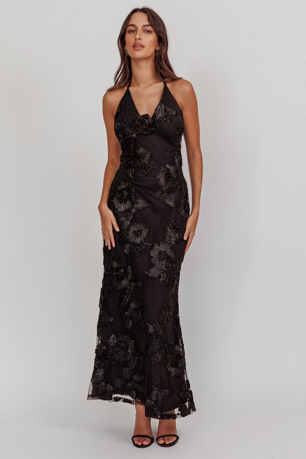 Your Affections Rosette Ribbon Embellished Maxi Dress Black by Selfie Leslie