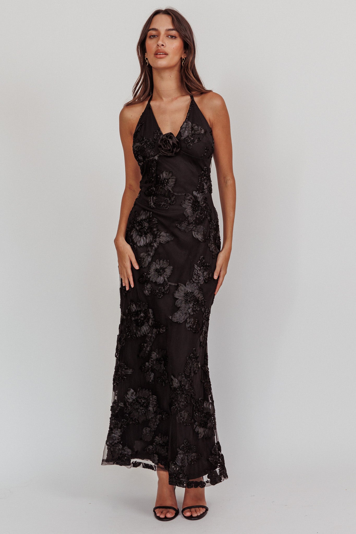 Your Affections Rosette Ribbon Embellished Maxi Dress Black by Selfie Leslie