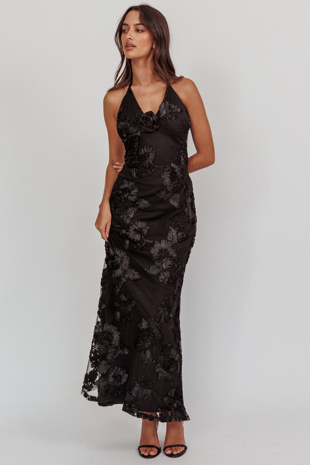 Your Affections Rosette Ribbon Embellished Maxi Dress Black by Selfie Leslie