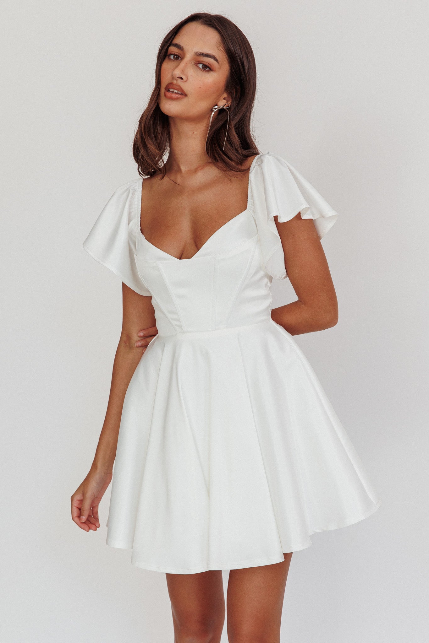 Tamelia Flutter Sleeve Mini Dress White by Selfie Leslie