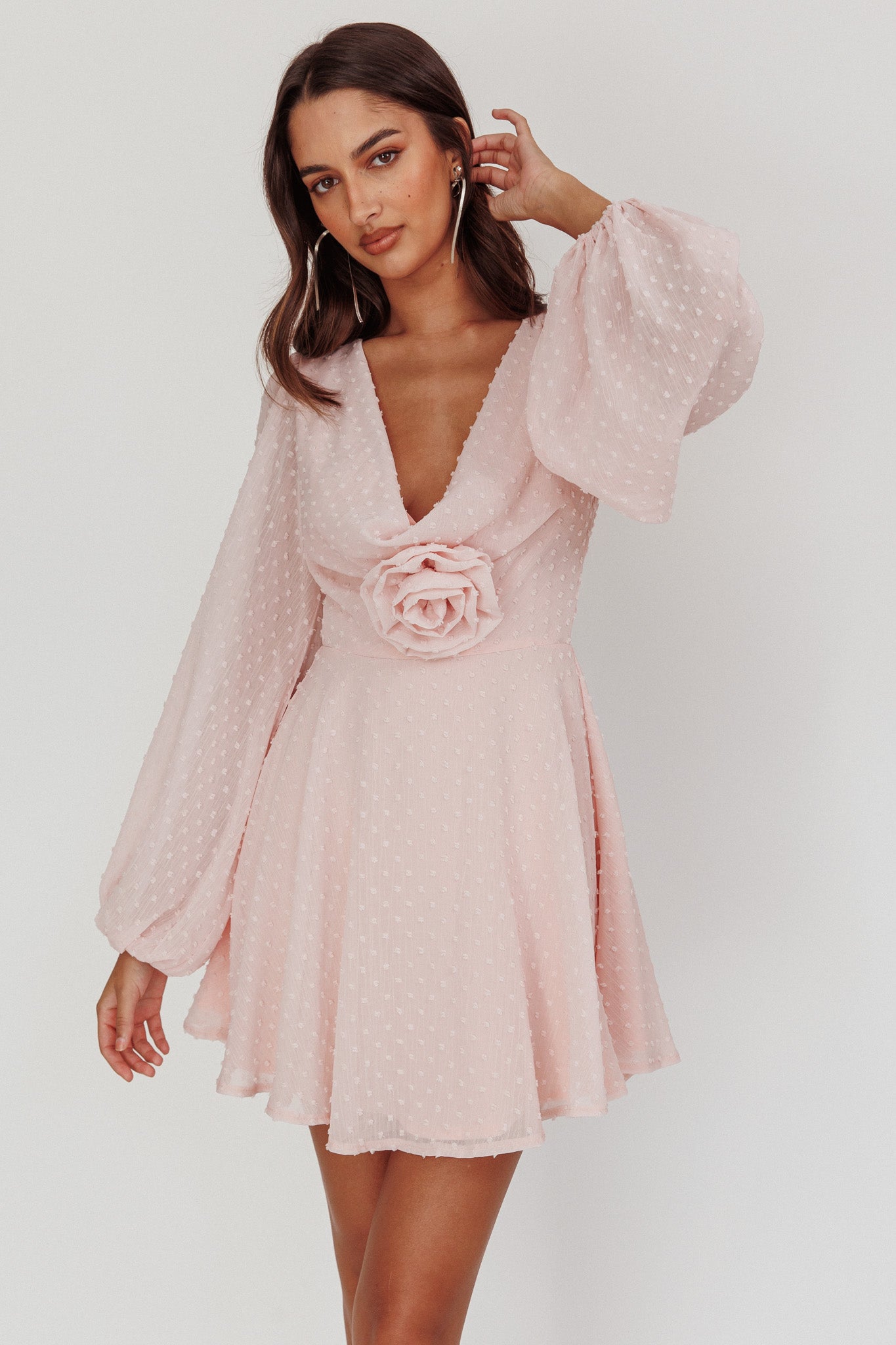 Shop the Open Heart Long Sleeve Rosette Mini Dress Baby Pink