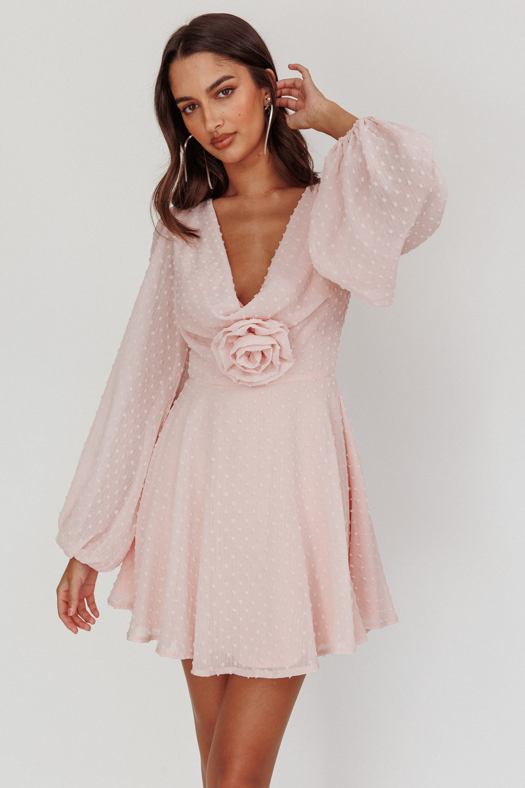 Open Heart Long Sleeve Rosette Mini Dress Baby Pink - S Open Heart Long Sleeve Rosette Mini Dress Baby Pink - S