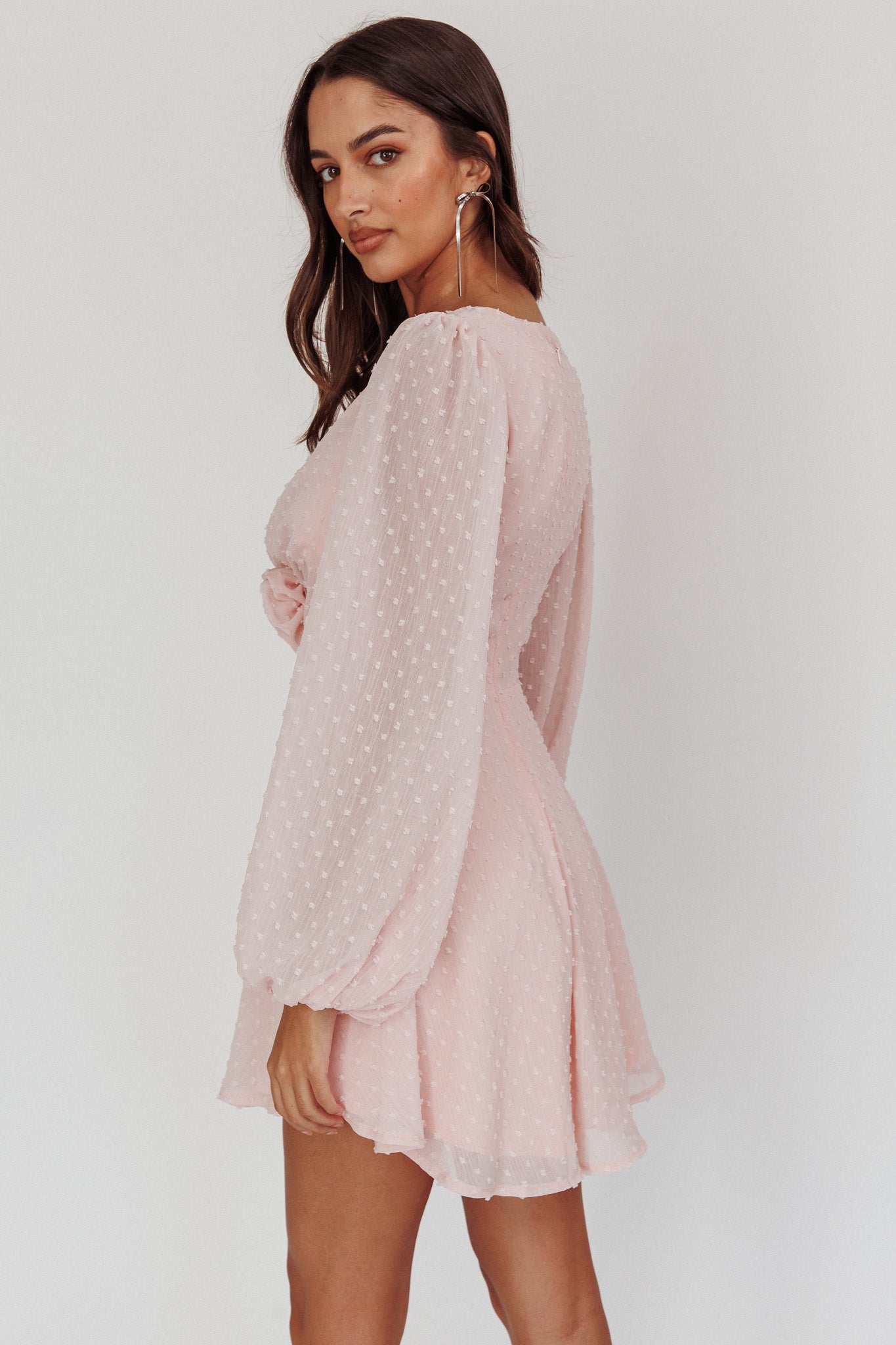 Open Heart Long Sleeve Rosette Mini Dress Baby Pink - S Open Heart Long Sleeve Rosette Mini Dress Baby Pink - S