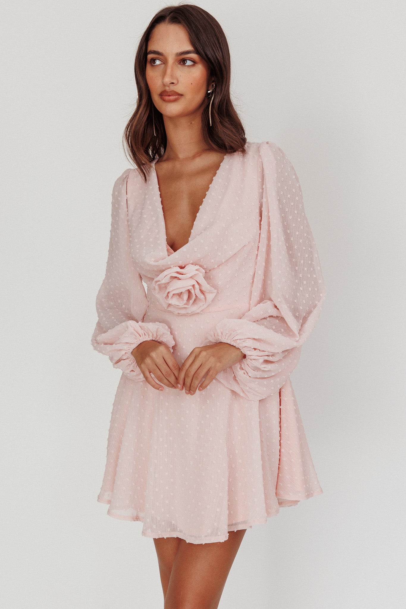 Shop the Open Heart Long Sleeve Rosette Mini Dress Baby Pink