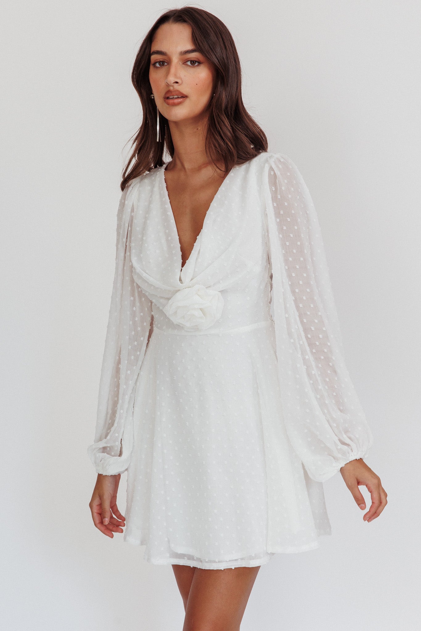 Open Heart Long Sleeve Rosette Mini Dress White– Selfie Leslie
