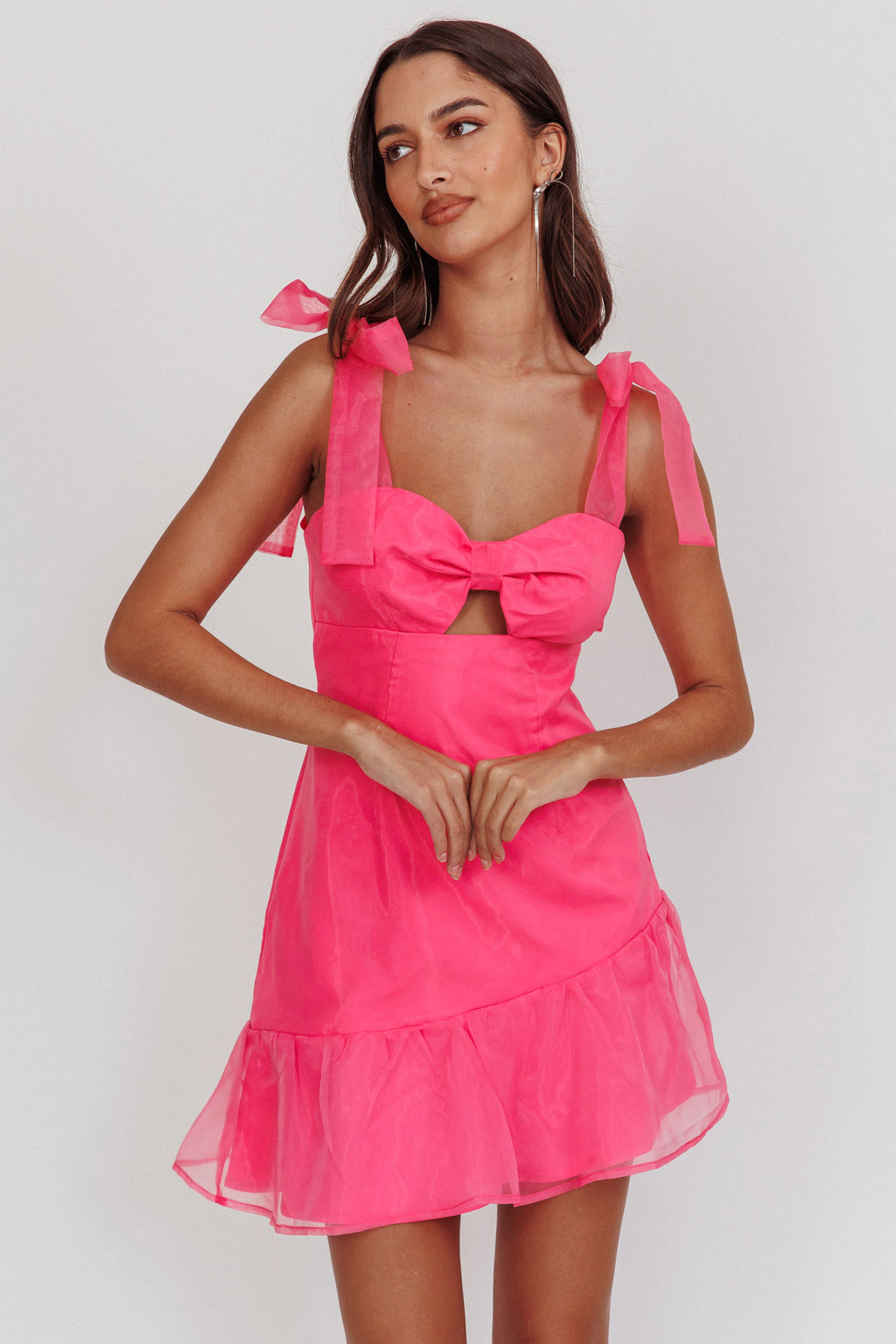 Alexia Bow Shoulder Ruffle Hem Mini Dress Hot Pink by Selfie Leslie