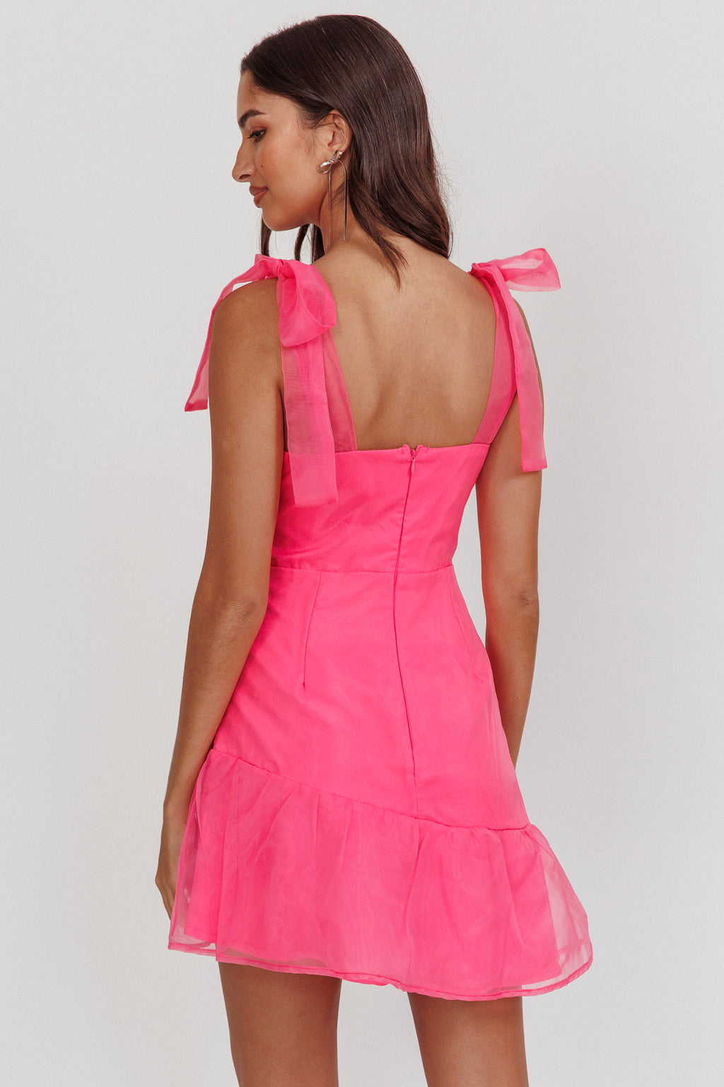 Alexia Bow Shoulder Ruffle Hem Mini Dress Hot Pink by Selfie Leslie