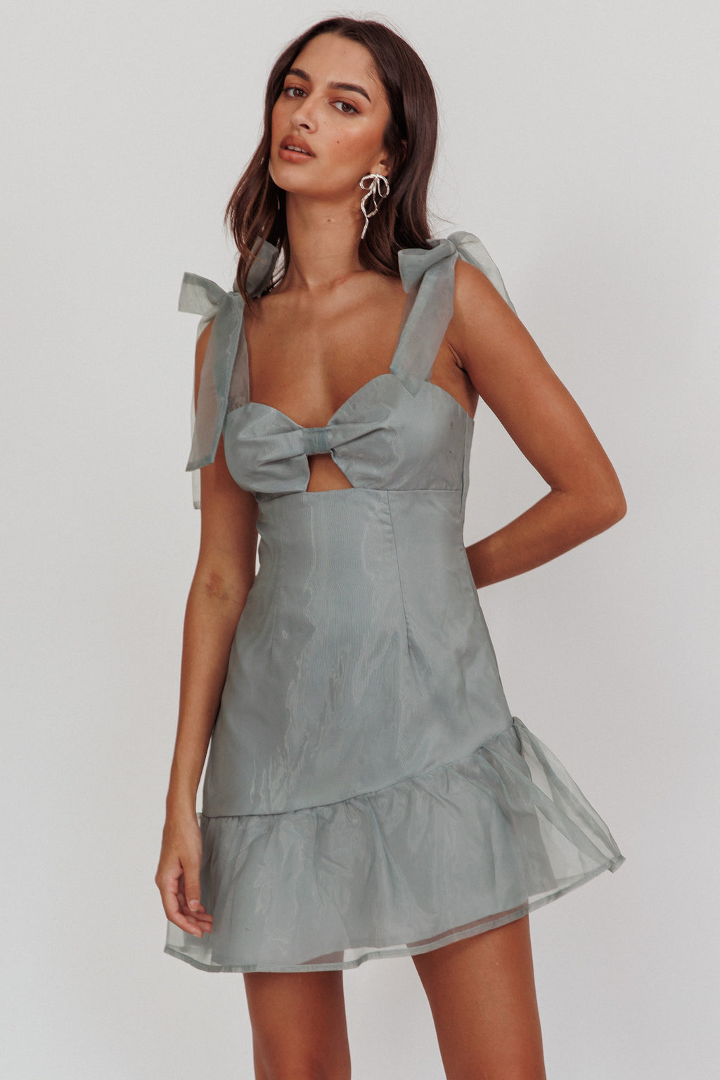 Alexia Bow Shoulder Ruffle Hem Sage by Selfie Leslie