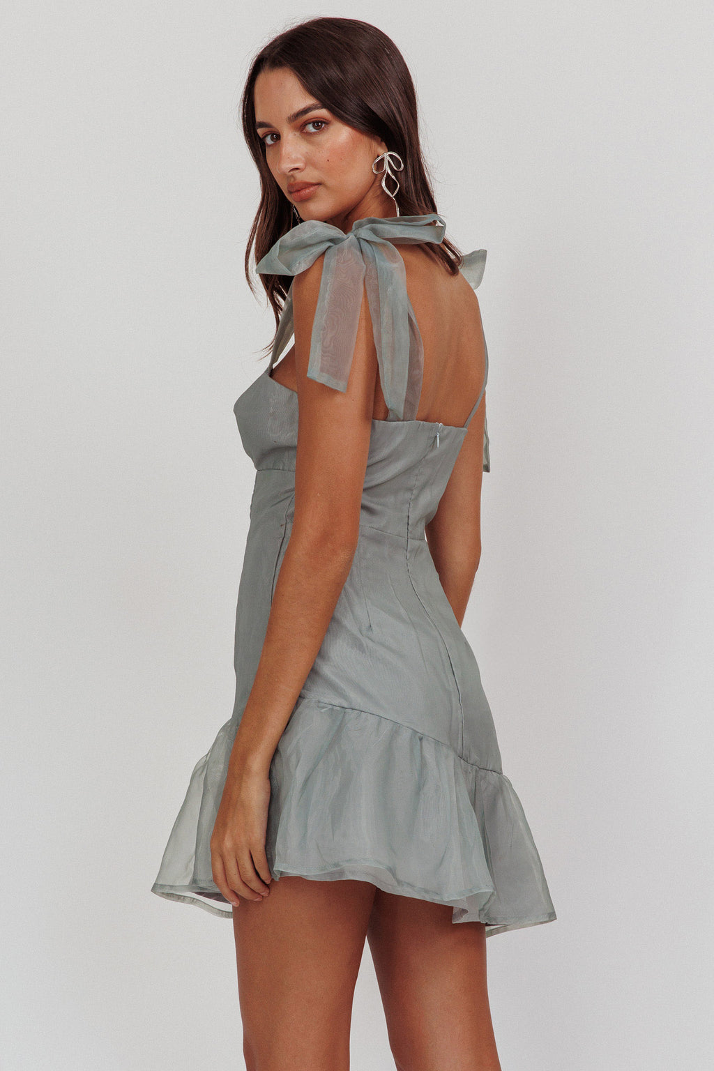 Alexia Bow Shoulder Ruffle Hem Sage by Selfie Leslie