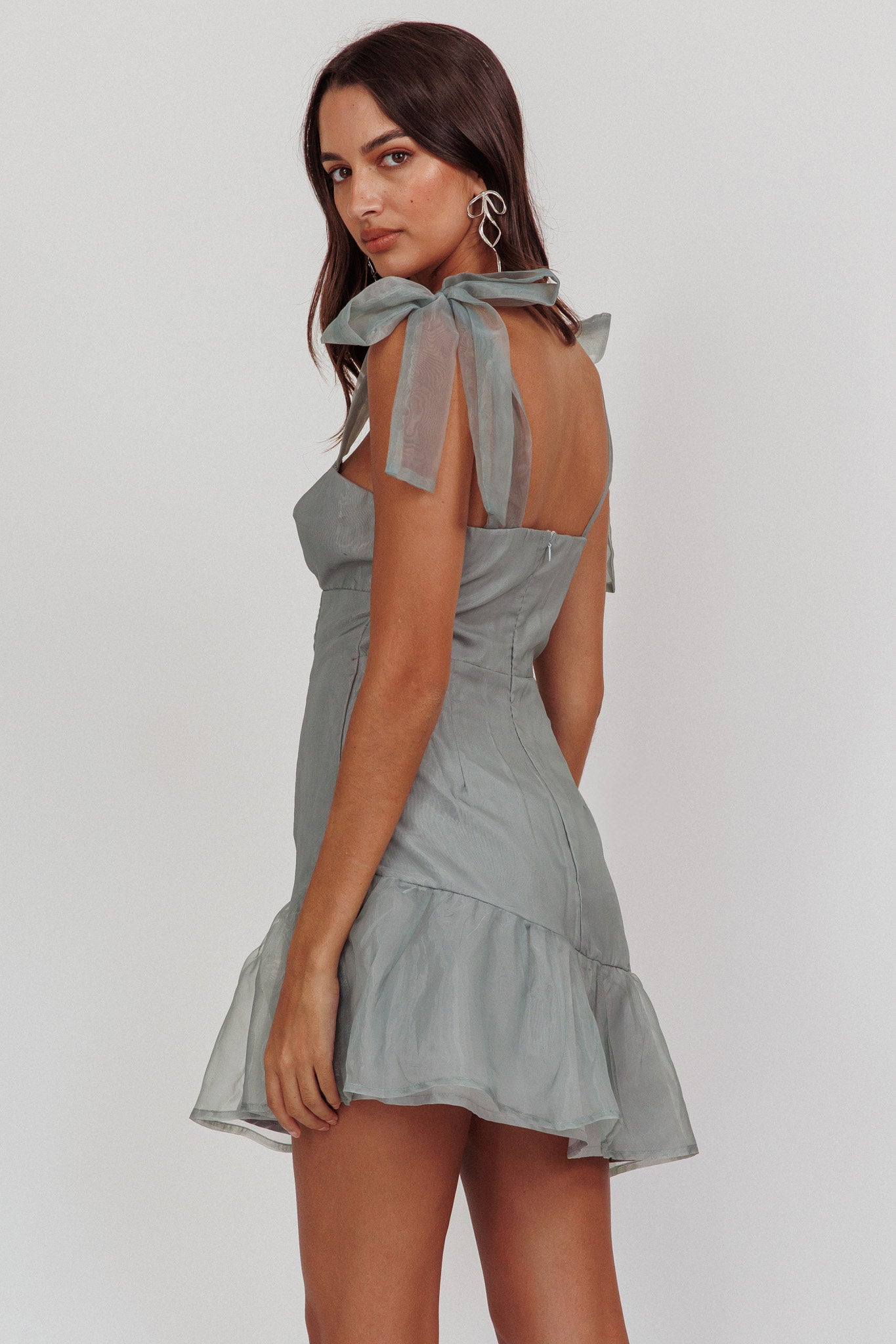 Alexia Bow Shoulder Ruffle Hem Sage by Selfie Leslie