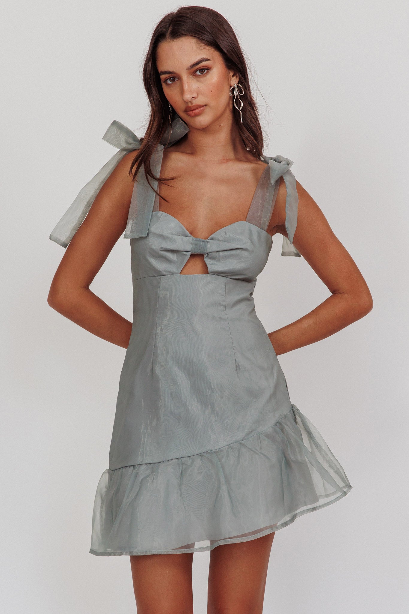 Alexia Bow Shoulder Ruffle Hem Sage by Selfie Leslie