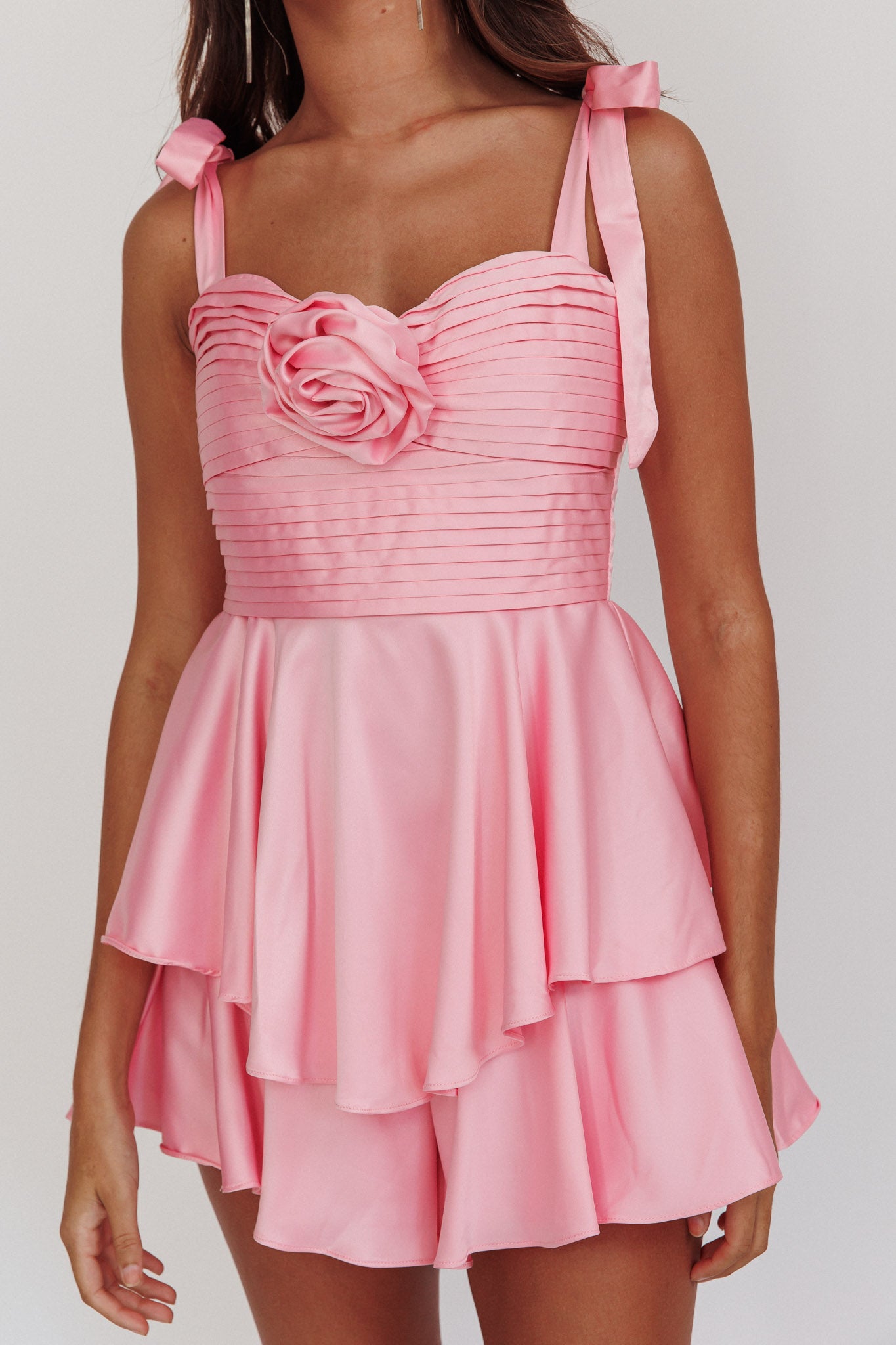 Shop the Kelia Bow Strap Rosette Romper Pink