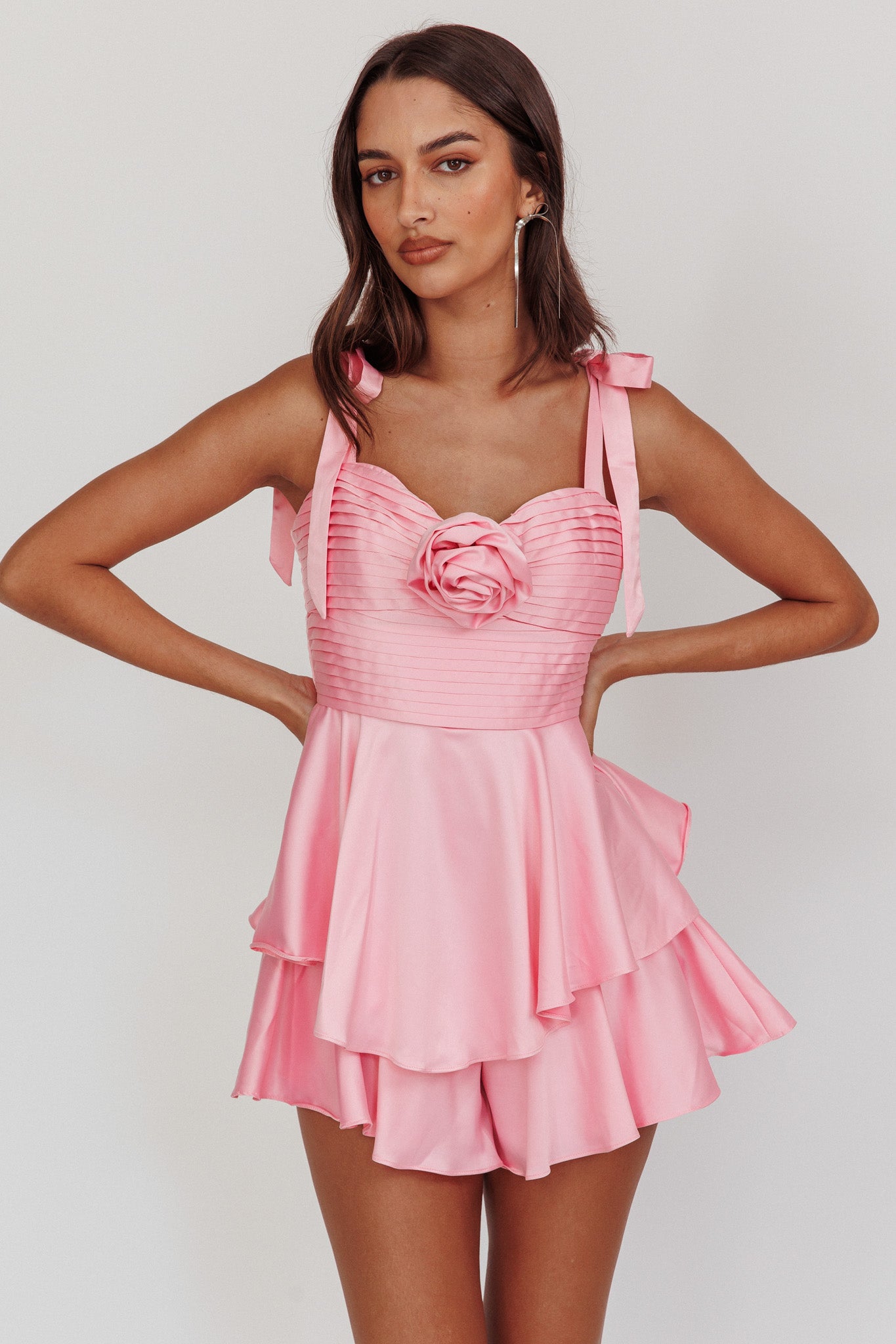Shop the Kelia Bow Strap Rosette Romper Pink