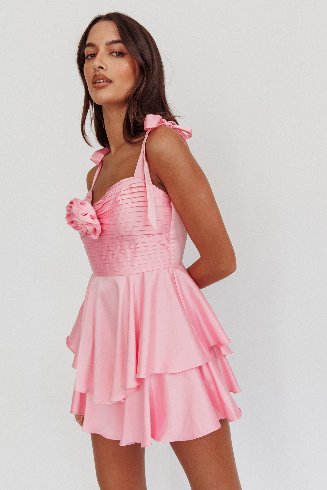 Shop the Kelia Bow Strap Rosette Romper Pink