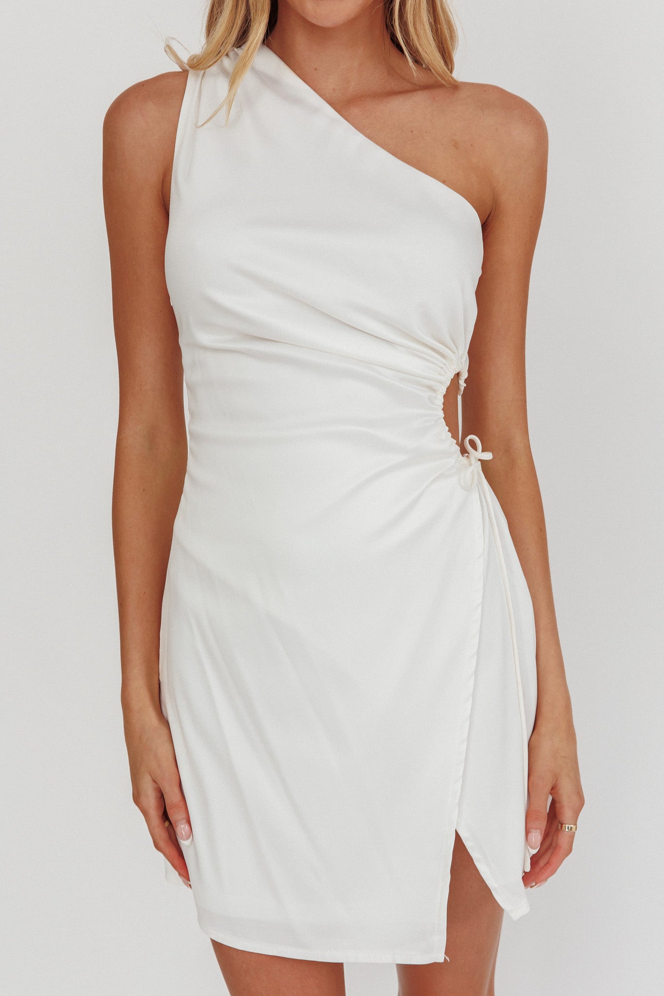 Lyon Ruched Cut Out MIni Dress White by Selfie Leslie