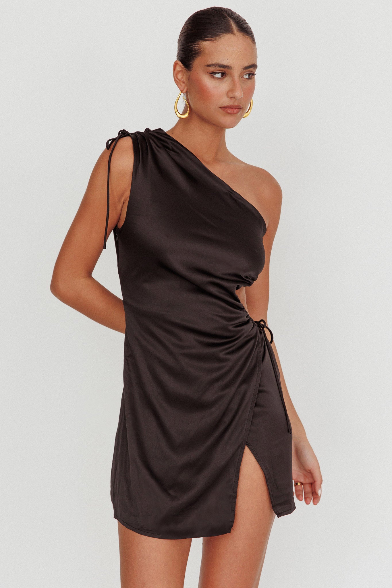 Lyon Ruched Cut Out Mini Dress Black by Selfie Leslie