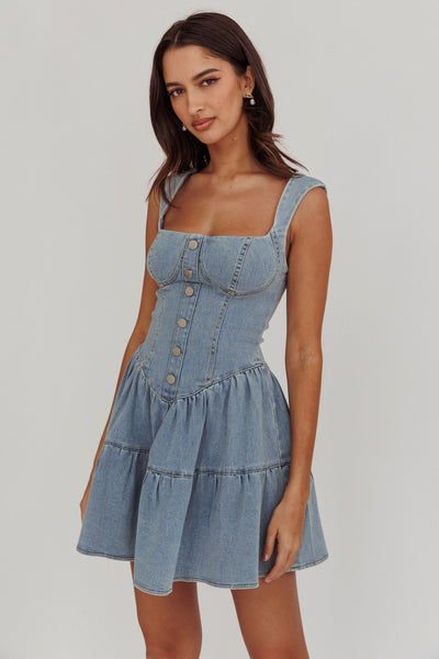 Deep Dive Square Neck Mini Dress Denim | Selfie Leslie