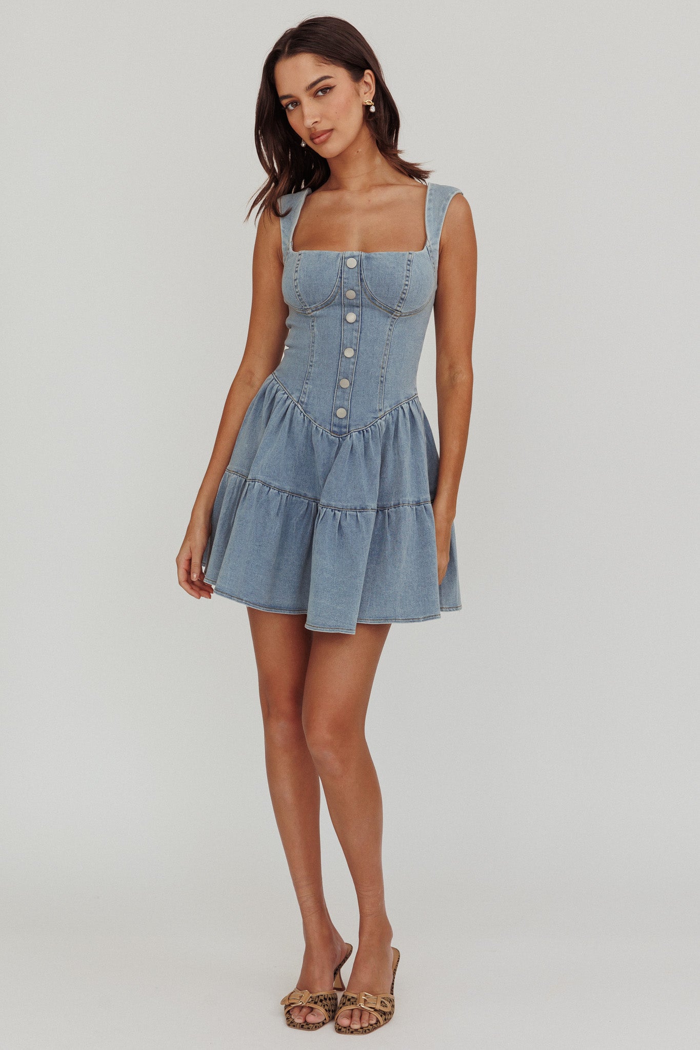 Deep Dive Square Neck Mini Dress Denim by Selfie Leslie