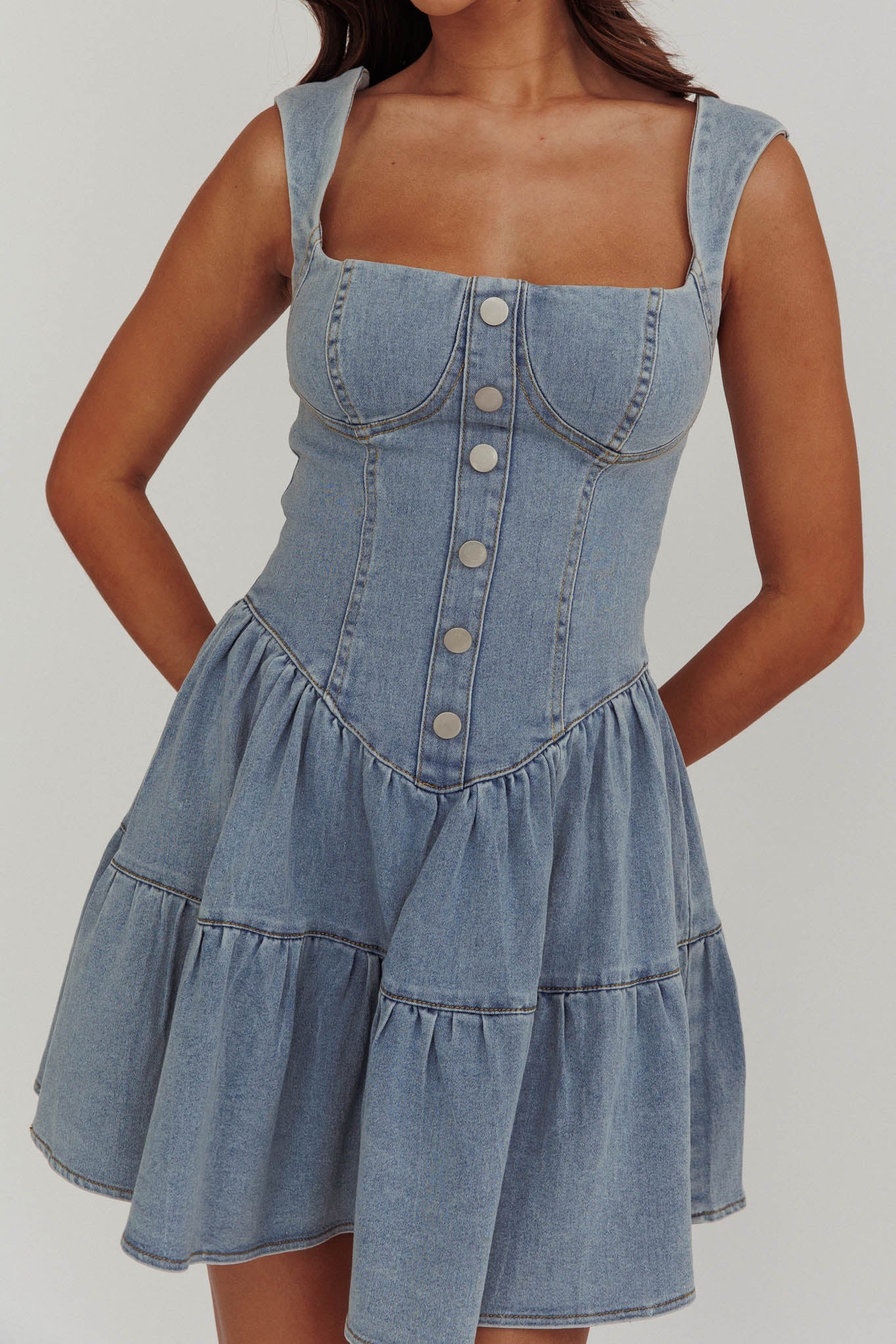 Deep Dive Square Neck Mini Dress Denim by Selfie Leslie