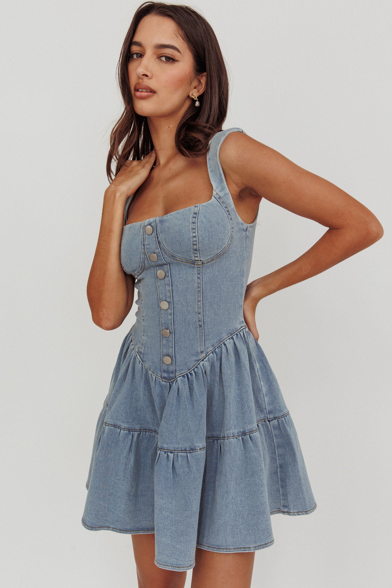 Deep Dive Square Neck Mini Dress Denim by Selfie Leslie