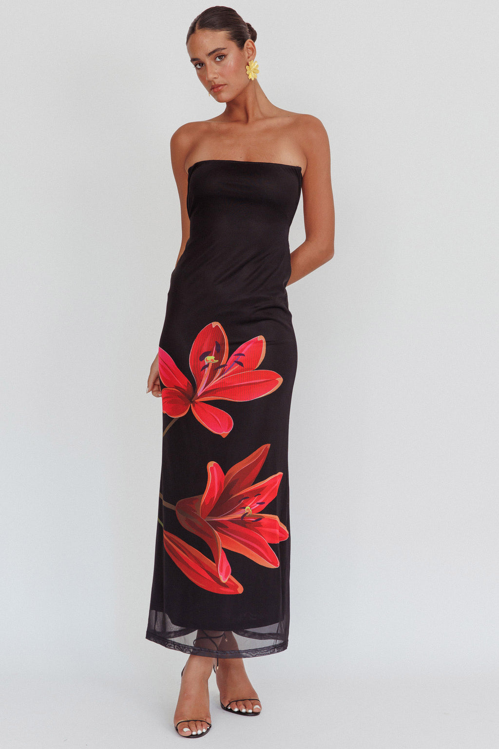 Iridian Strapless Floral Maxi Dress Black by Selfie Leslie