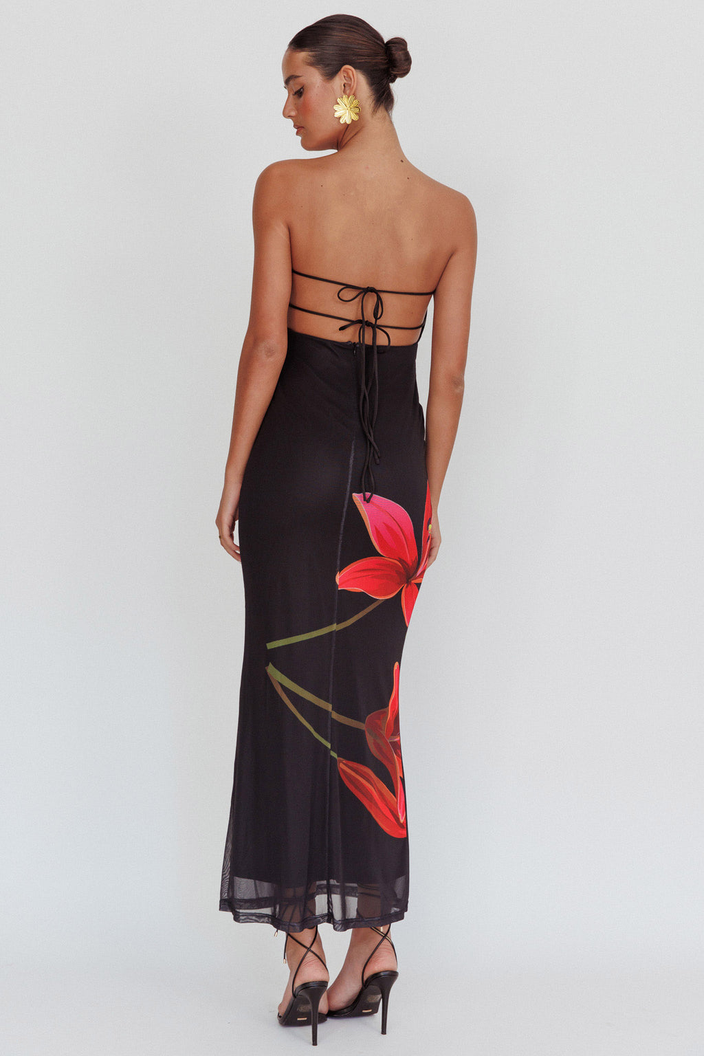 Iridian Strapless Floral Maxi Dress Black by Selfie Leslie
