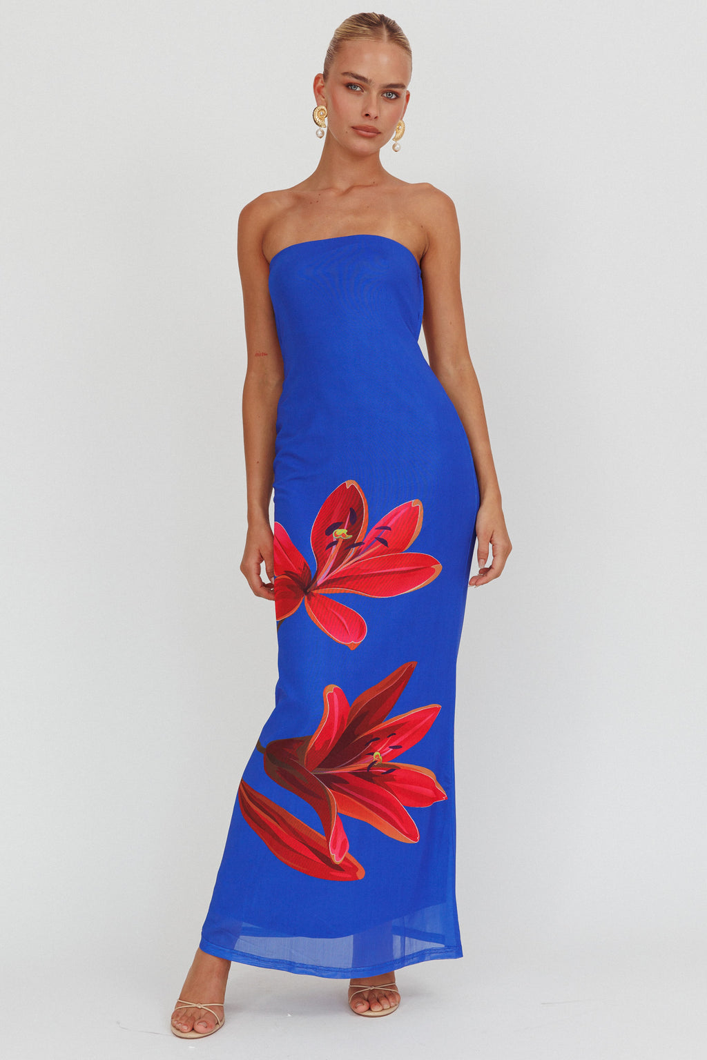 Iridian Strapless Floral Maxi Dress Blue by Selfie Leslie
