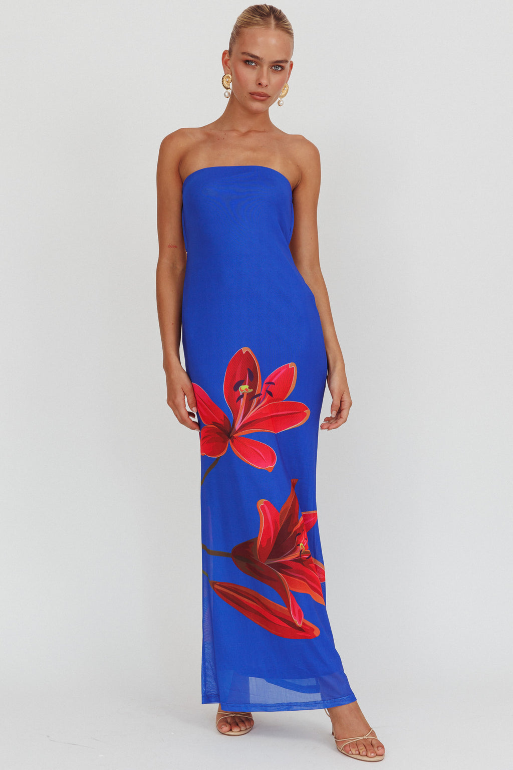 Iridian Strapless Floral Maxi Dress Blue by Selfie Leslie
