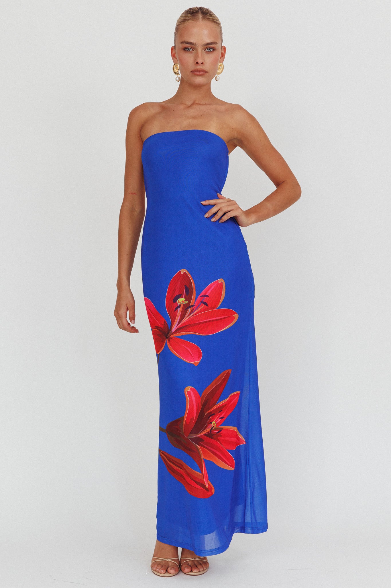 Iridian Strapless Floral Maxi Dress Blue by Selfie Leslie