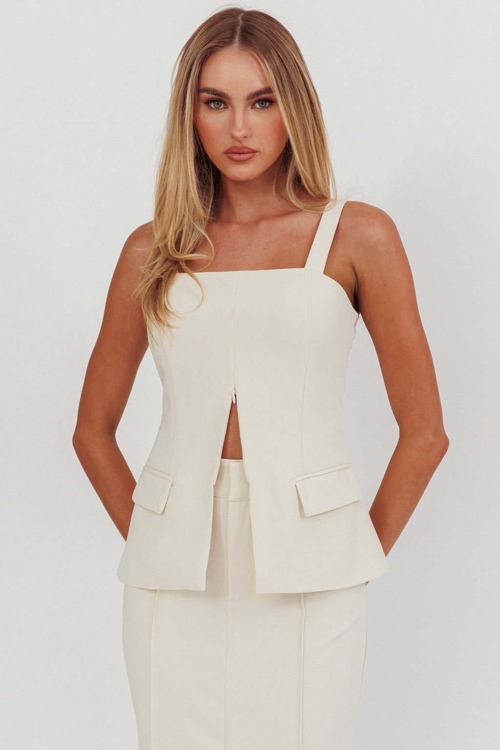 Like I Do Front Zip Sleeveless Top Cream by Selfie Leslie