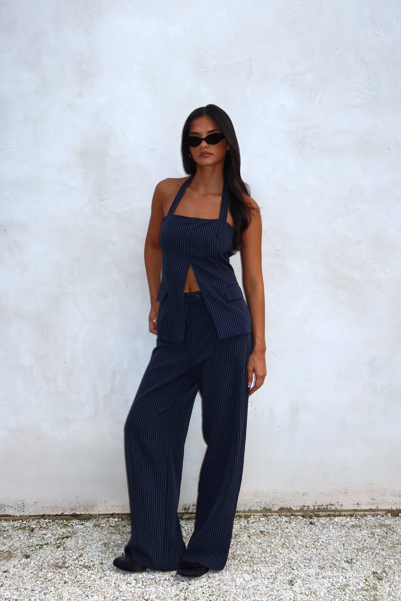 Renee Wide Leg Pants Pinstripe Navy | Selfie Leslie