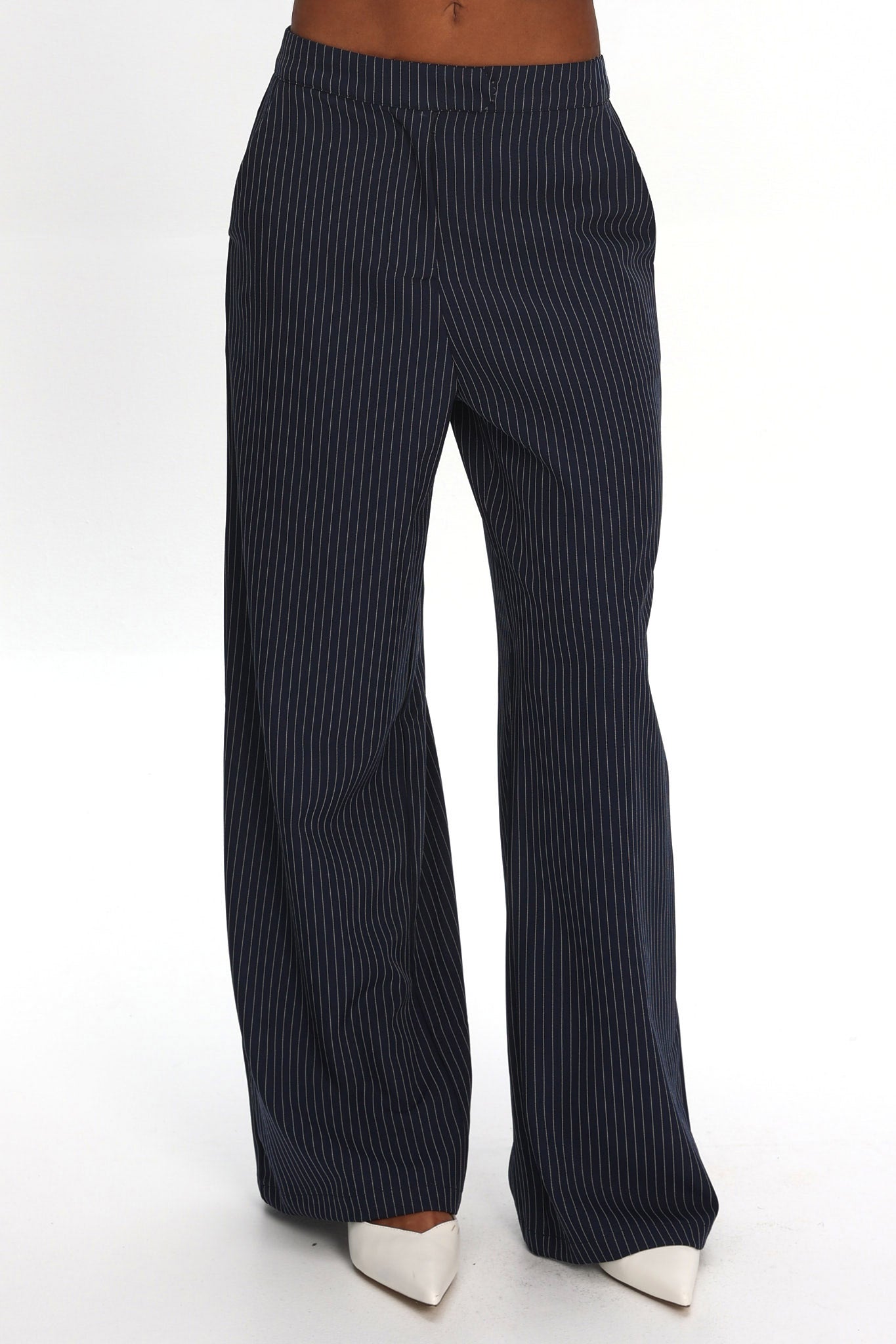 Renee Wide Leg Pants Pinstripe Navy | Selfie Leslie
