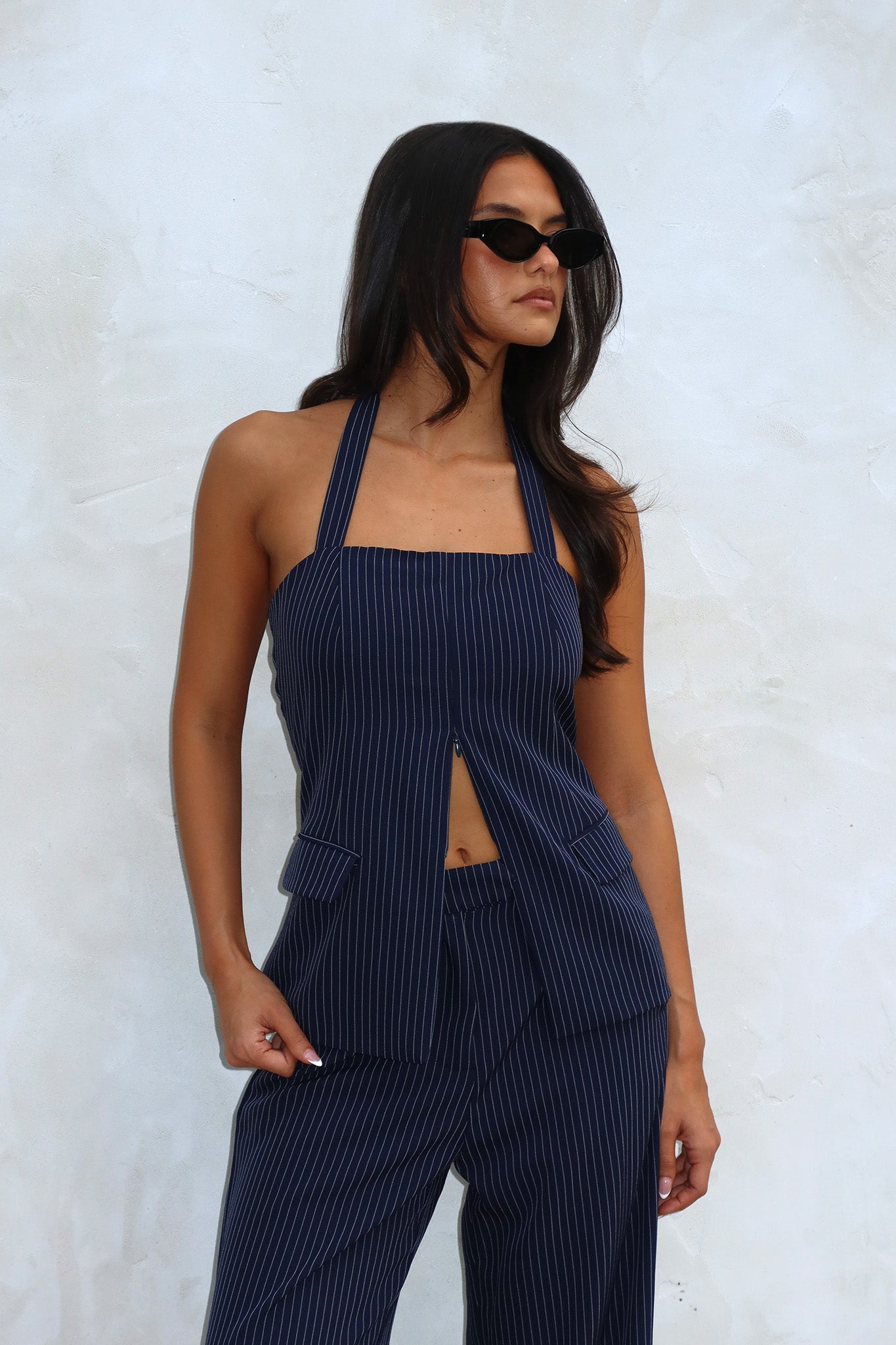 Shop the Renee Front Zip Halter Top Pinstripe Navy