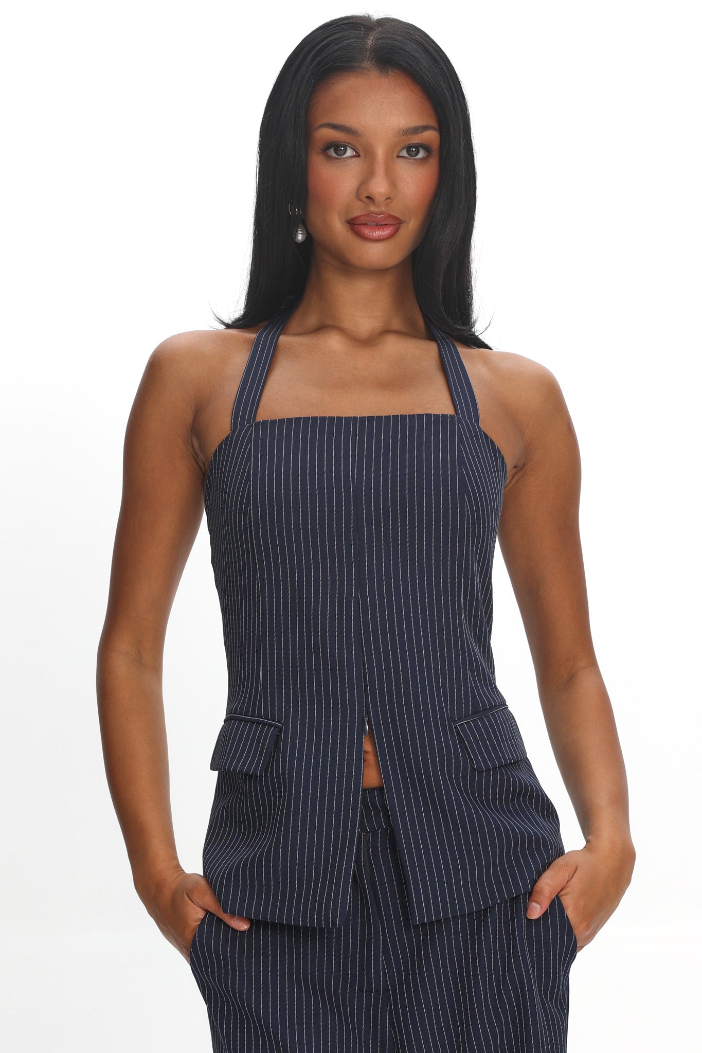 Renee Front Zip Halter Top Pinstripe Navy | Selfie Leslie