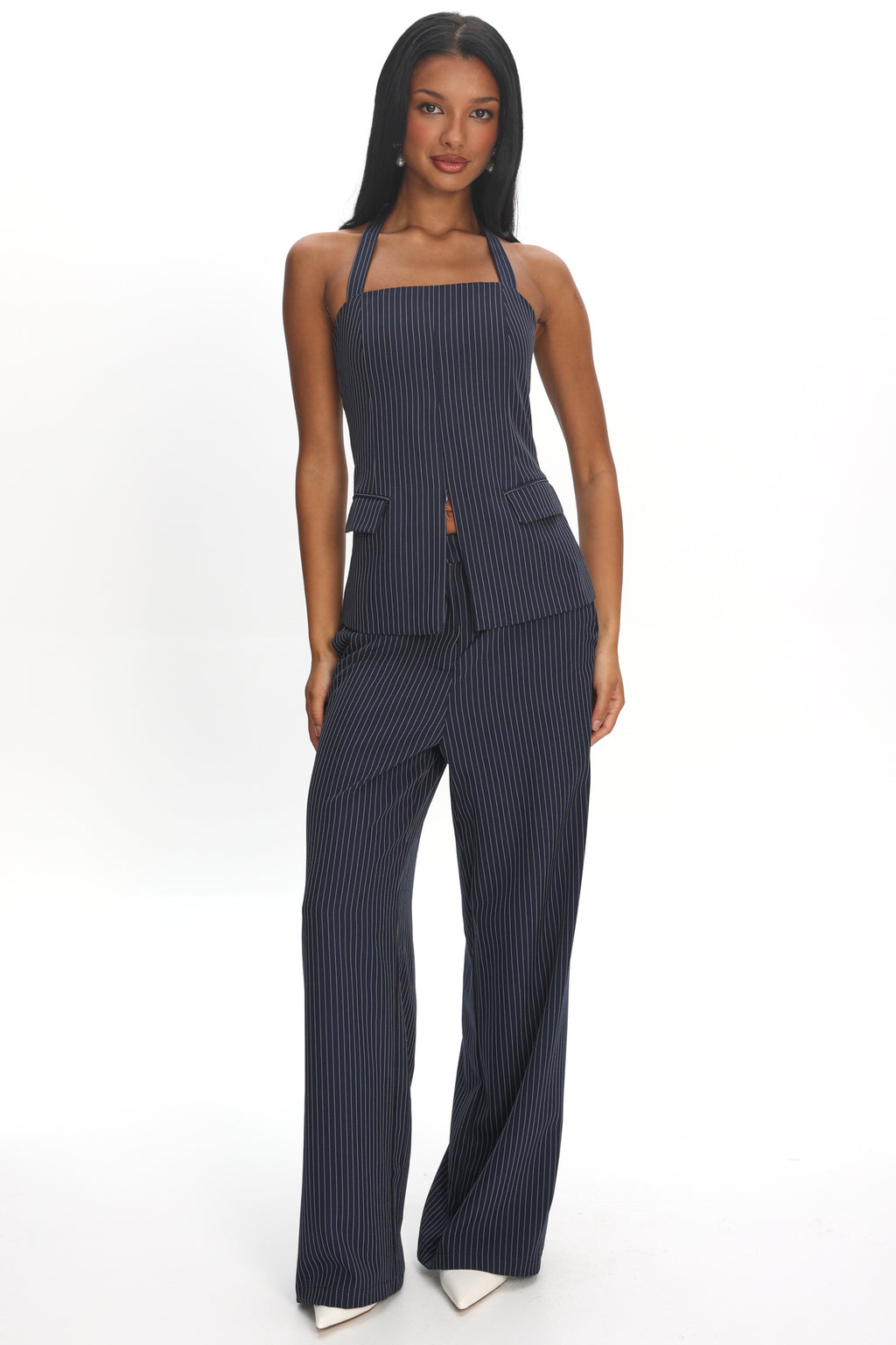 Renee Front Zip Halter Top Pinstripe Navy