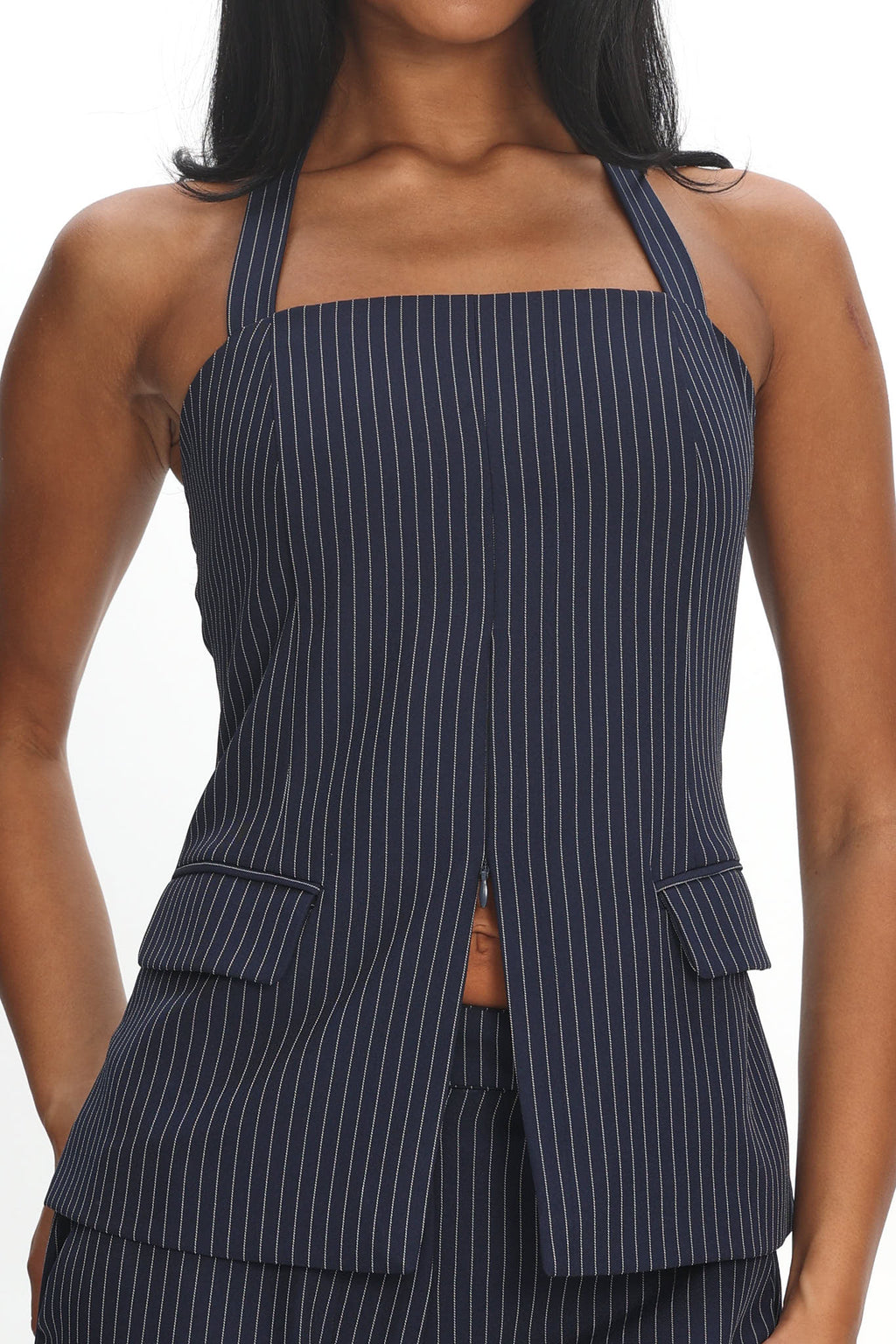Renee Front Zip Halter Top Pinstripe Navy