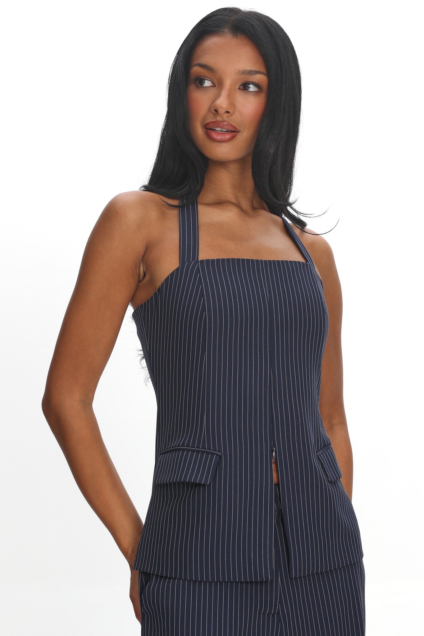 Renee Front Zip Halter Top Pinstripe Navy | Selfie Leslie
