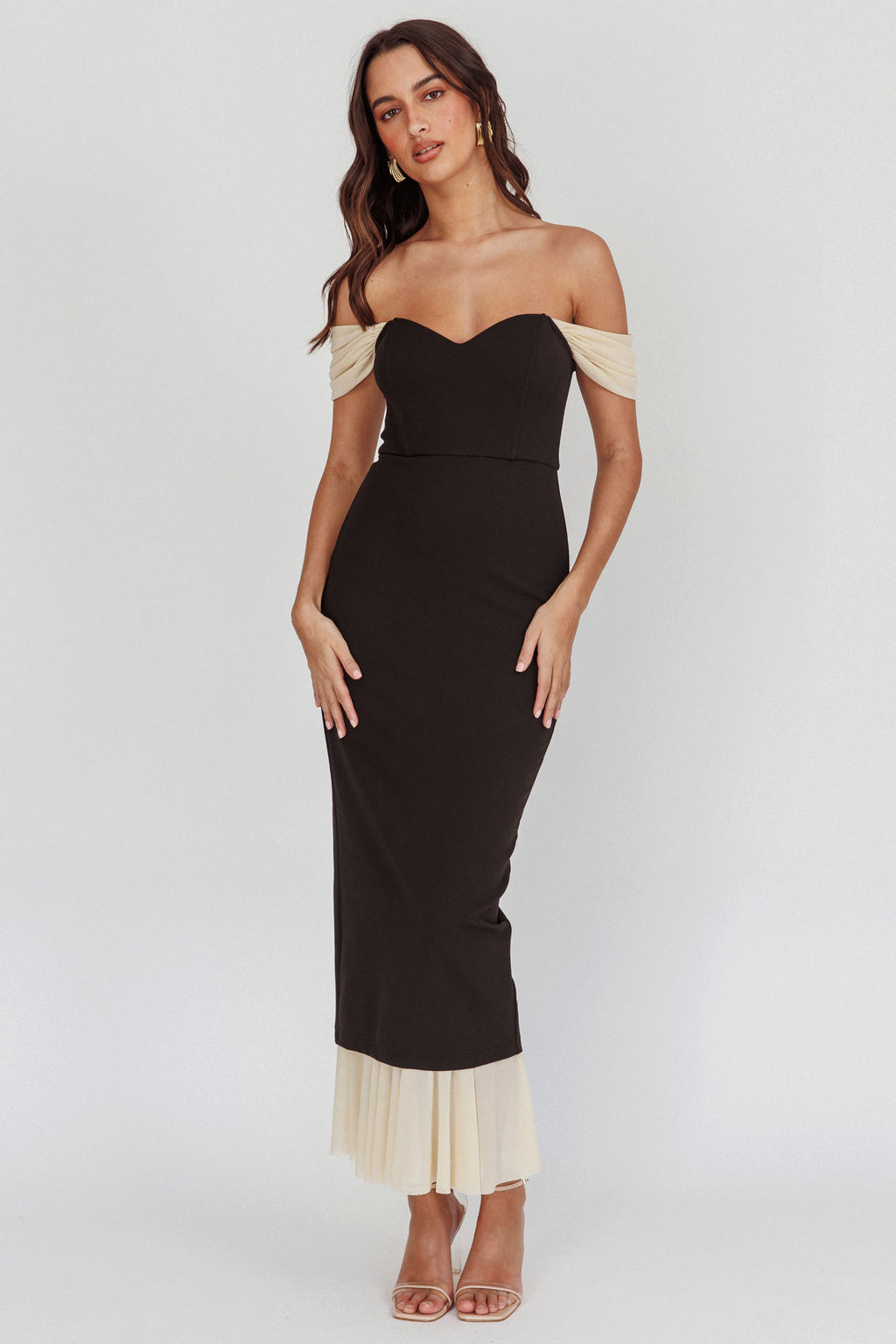 Freesia Off Shoulder Bodycon Midi Dress Black by Selfie Leslie