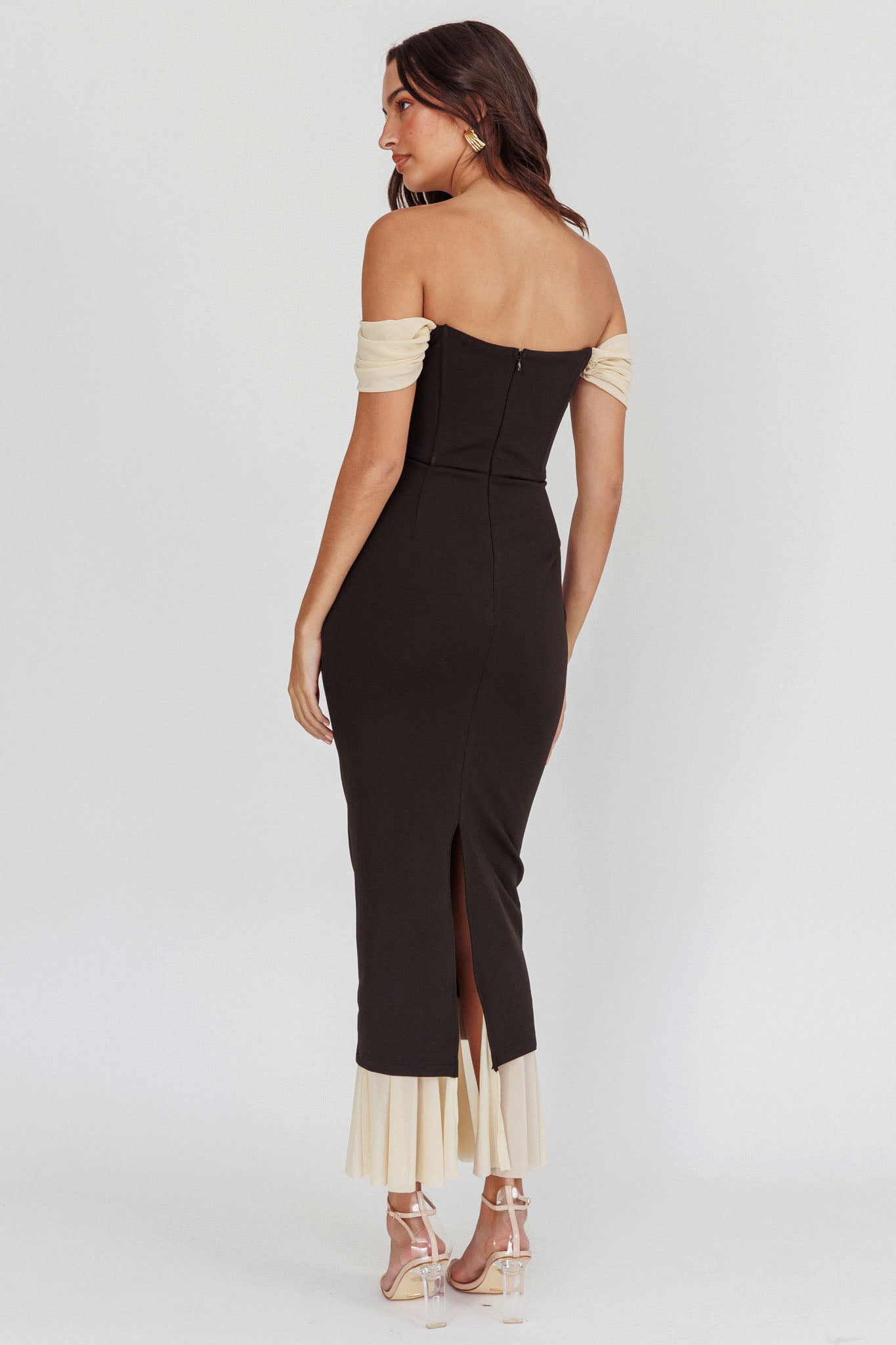 Freesia Off Shoulder Bodycon Midi Dress Black by Selfie Leslie
