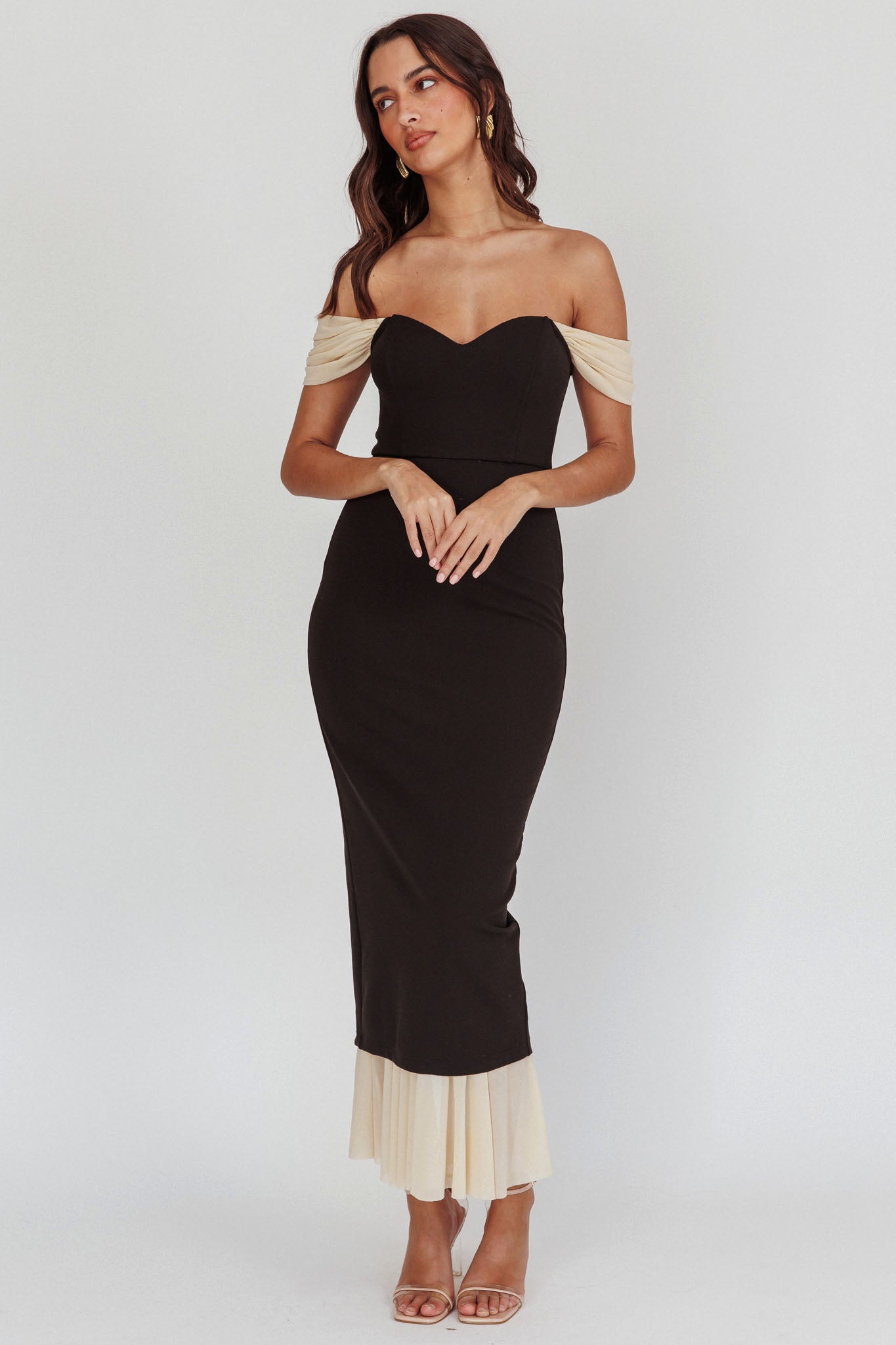 Freesia Off Shoulder Bodycon Midi Dress Black by Selfie Leslie