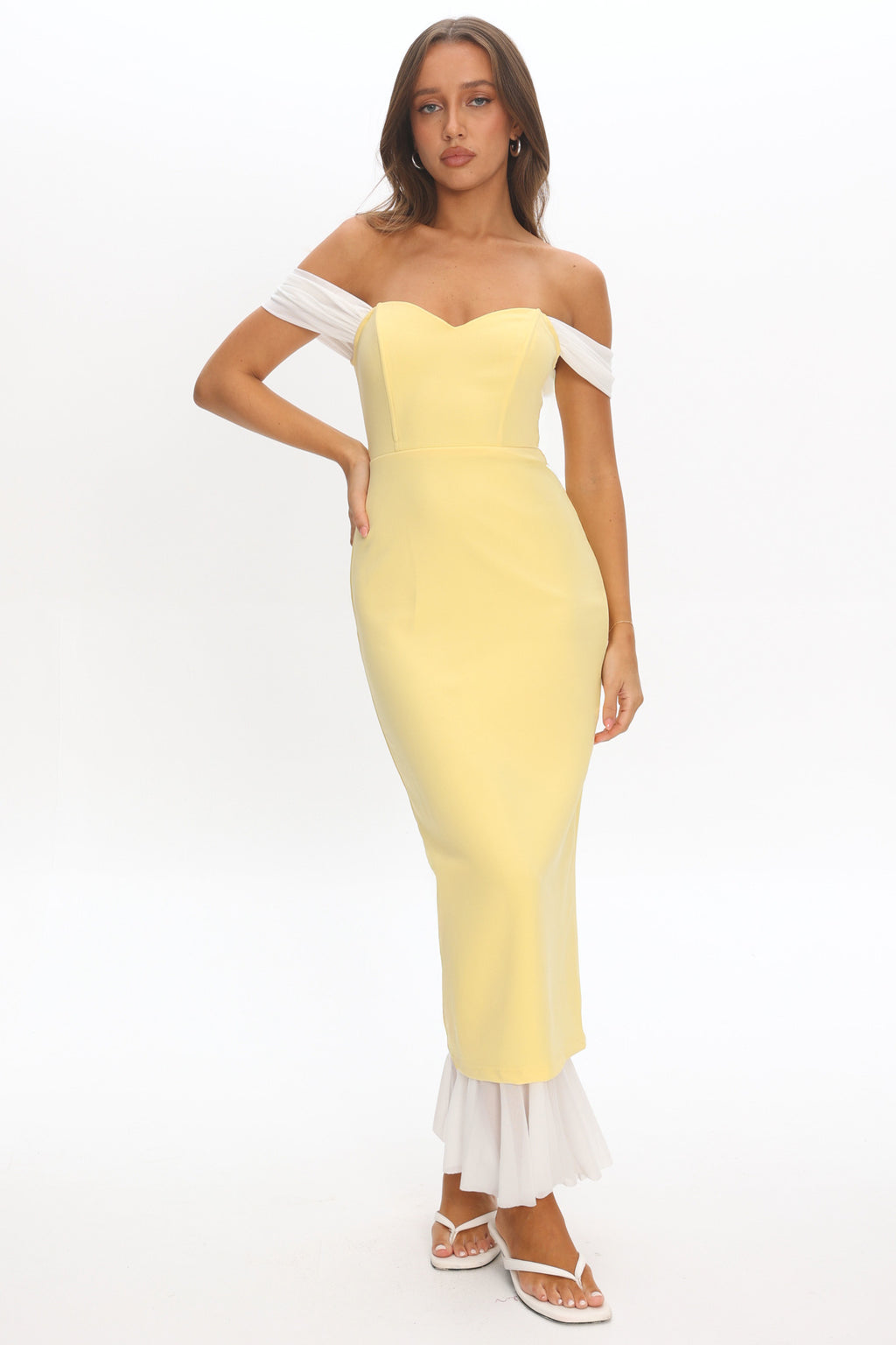 Freesia Off Shoulder Bodycon Midi Dress Lemon
