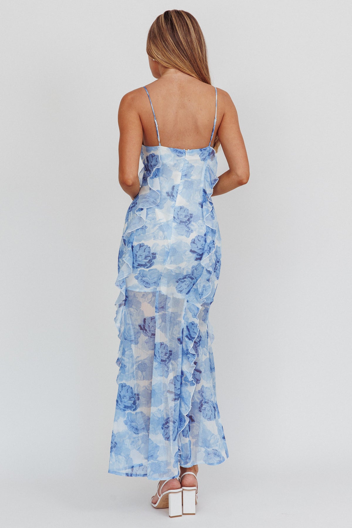 Frannie Vertical Ruffle Maxi Dress Floral Blue | Selfie Leslie